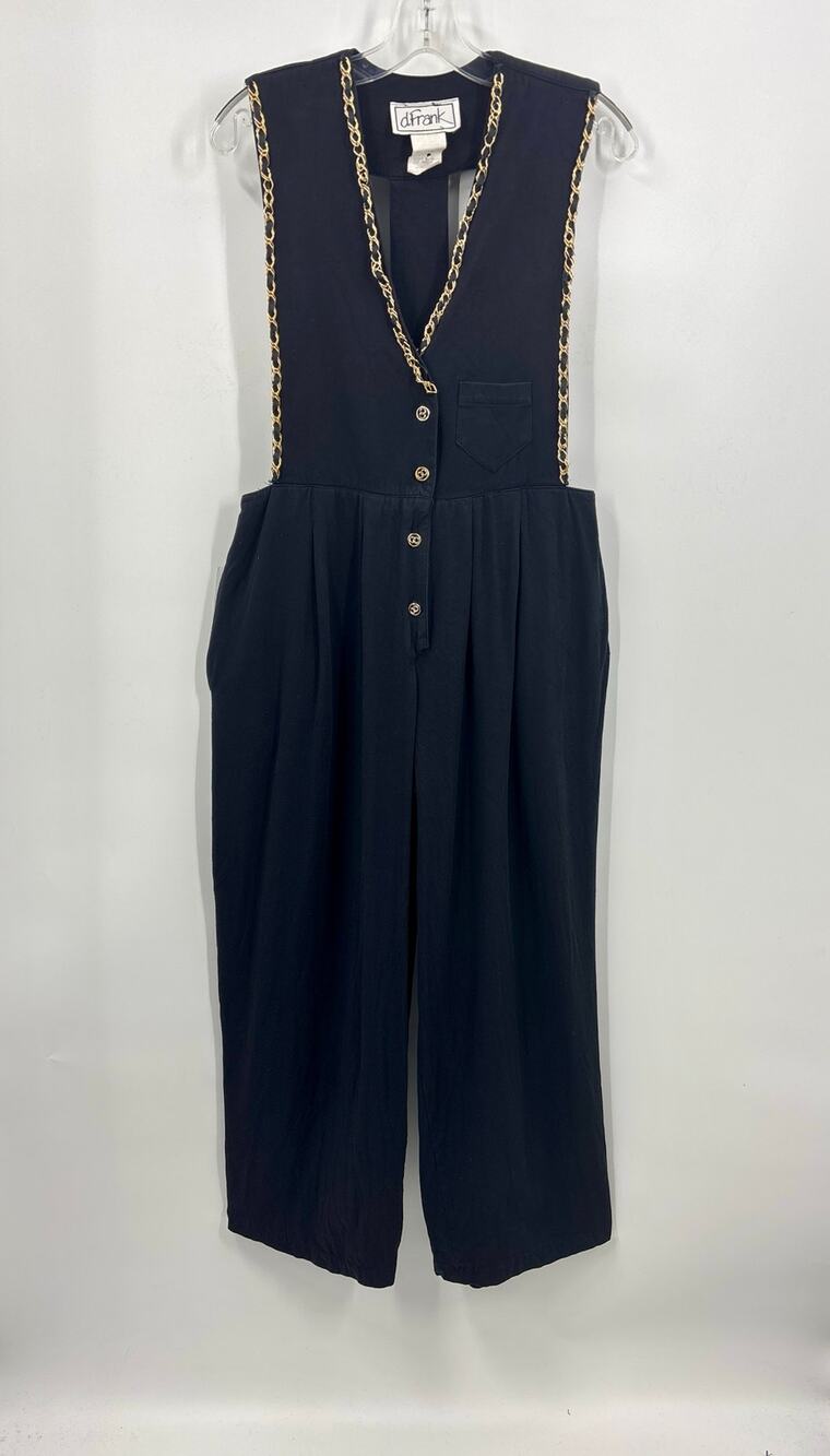 Vintage J. Frank Black Jumpsuit Gold Chains Wide Leg Sz 6 80s 90s Made In USA